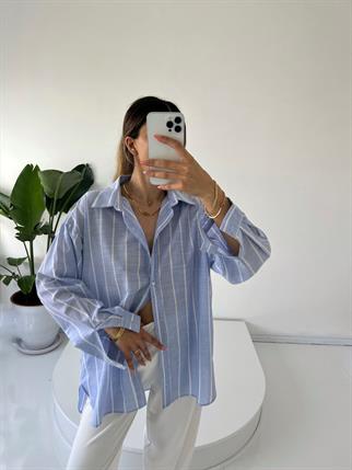 Keten Çizgili Oversize Gömlek 