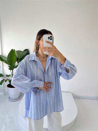 Keten Çizgili Oversize Gömlek 