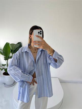 Keten Çizgili Oversize Gömlek 