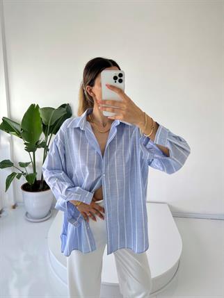 Keten Çizgili Oversize Gömlek 