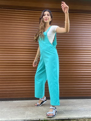 Keten Turkuaz Ön Cepli Bahçıvan Tulum