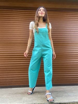 Keten Turkuaz Ön Cepli Bahçıvan Tulum