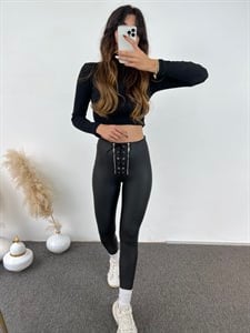 Korseli Çift Fermuarlı Mat Deri Tayt