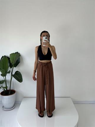 Koyu Kahve Tin Keten Yırtmaçlı Bağlamalı Pantolon