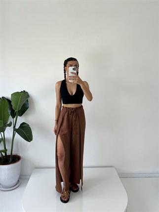Koyu Kahve Tin Keten Yırtmaçlı Bağlamalı Pantolon