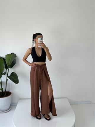 Koyu Kahve Tin Keten Yırtmaçlı Bağlamalı Pantolon