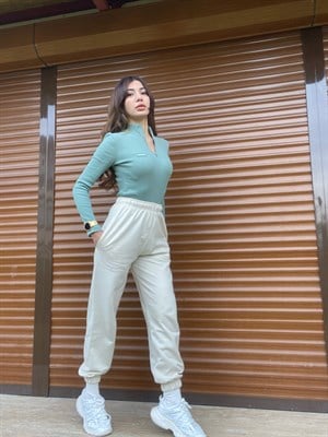 Krem Beli Ve Paçası Lastikli Jogger Eşofman Altı 