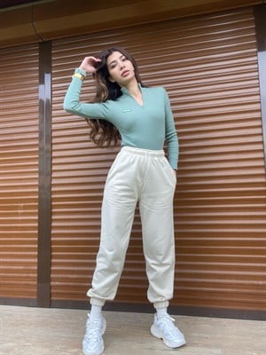 Krem Beli Ve Paçası Lastikli Jogger Eşofman Altı 