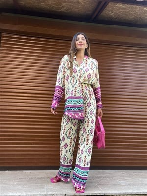 Krem Pembe Etnik Desen Takım