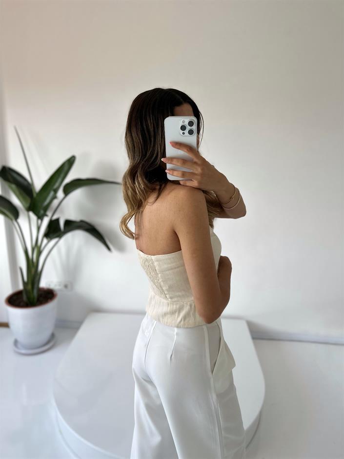 Krem Siyah Düğmeli Straplez Yelek 