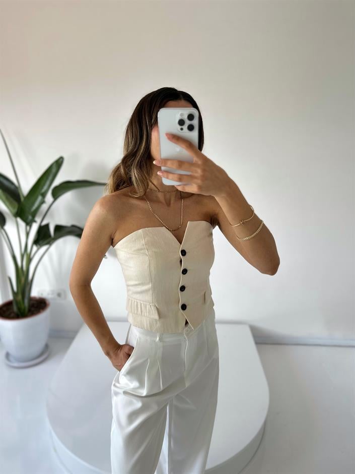 Krem Siyah Düğmeli Straplez Yelek 