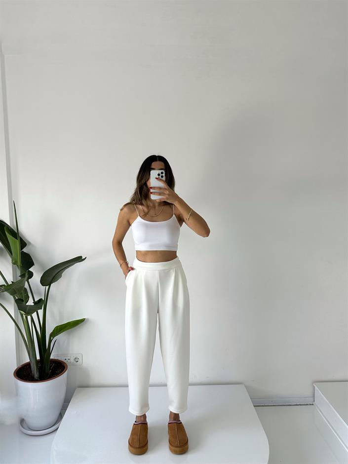 Lai Ekru Oysh Kumaş Beli Lastikli Harem Pantolon