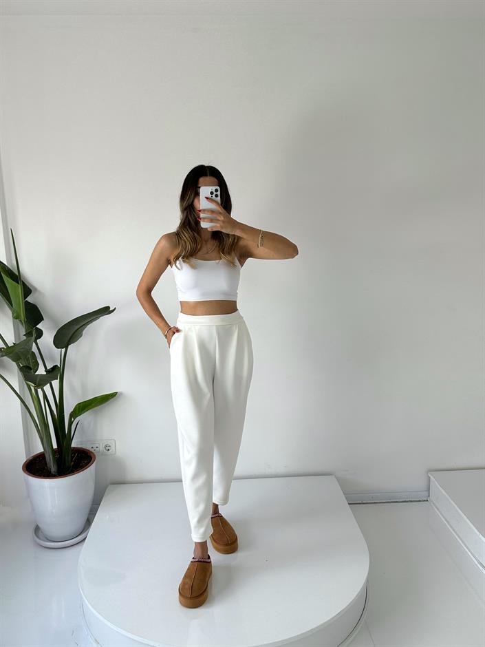 Lai Ekru Oysh Kumaş Beli Lastikli Harem Pantolon