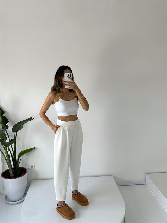 Lai Ekru Oysh Kumaş Beli Lastikli Harem Pantolon