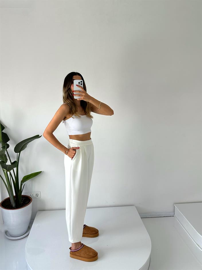 Lai Ekru Oysh Kumaş Beli Lastikli Harem Pantolon