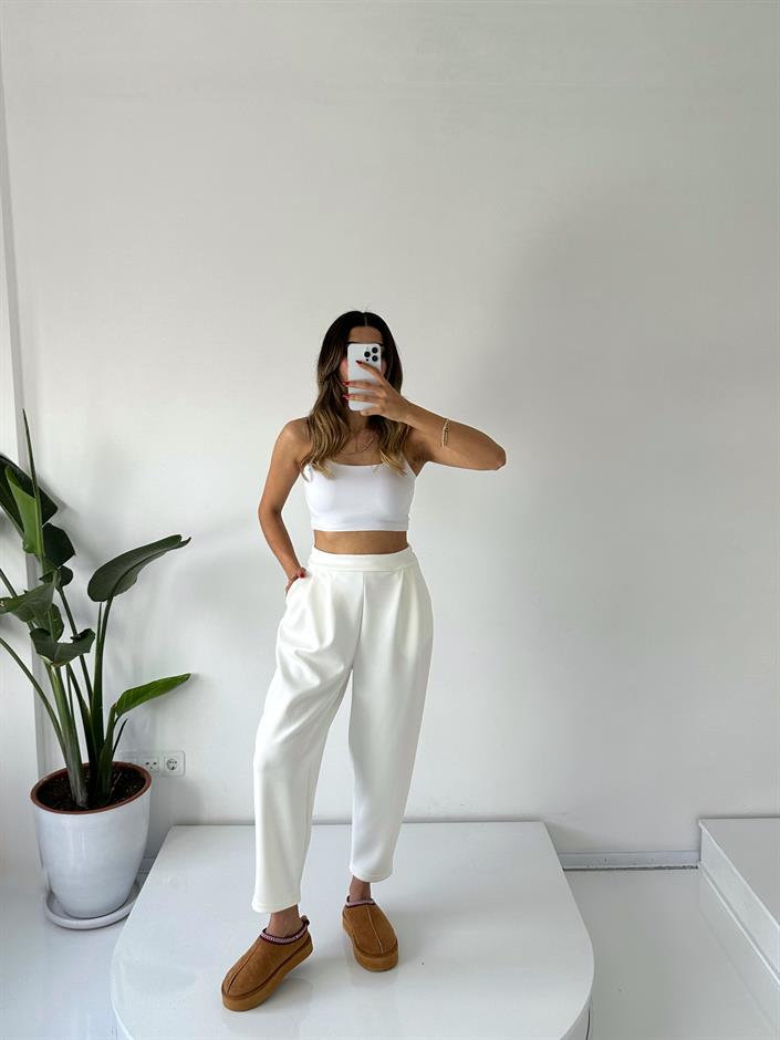 Lai Ekru Oysh Kumaş Beli Lastikli Harem Pantolon