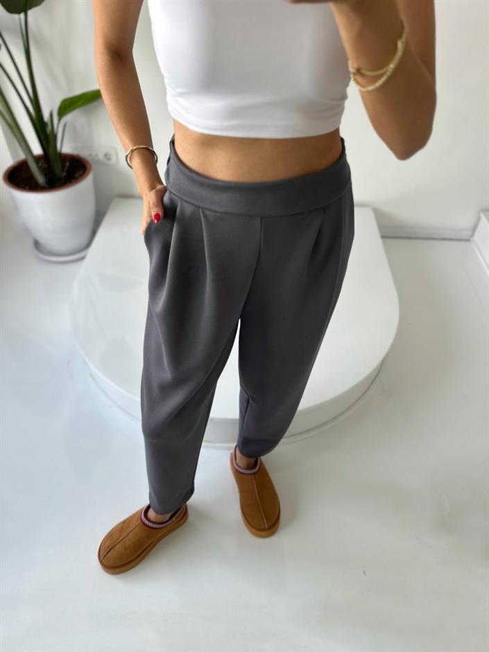 Lai Gri Oysh Kumaş Beli Lastikli Harem Pantolon