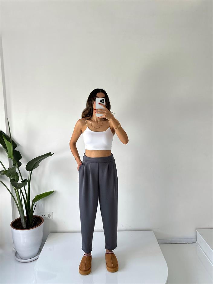 Lai Gri Oysh Kumaş Beli Lastikli Harem Pantolon