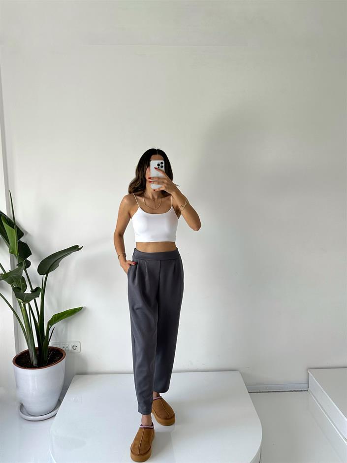 Lai Gri Oysh Kumaş Beli Lastikli Harem Pantolon