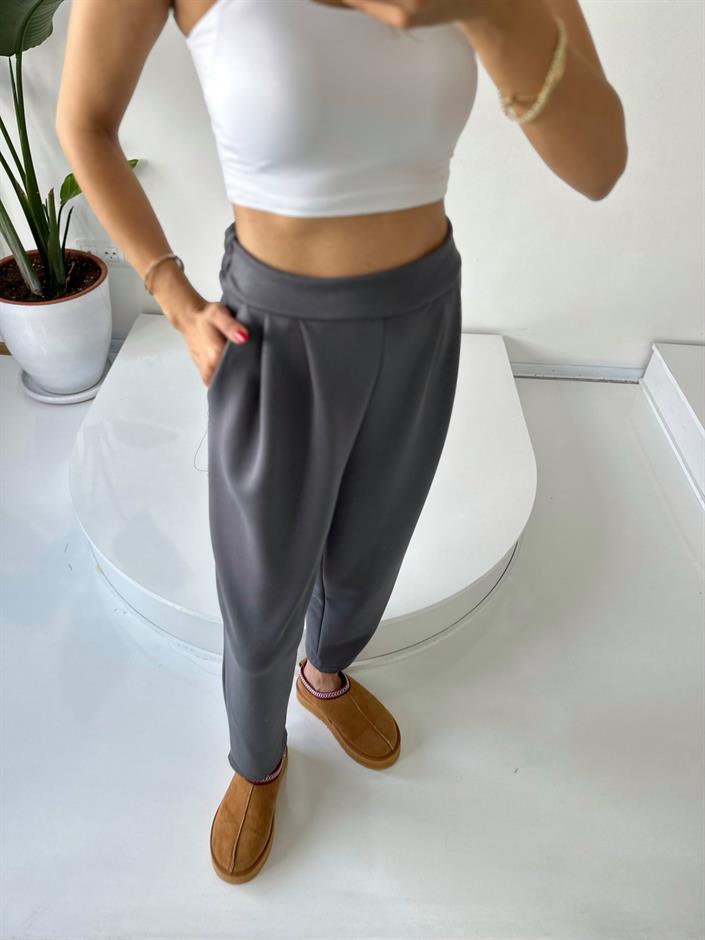 Lai Gri Oysh Kumaş Beli Lastikli Harem Pantolon