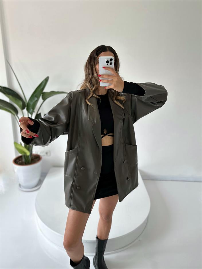 Le Haki Oversize Deri Ceket