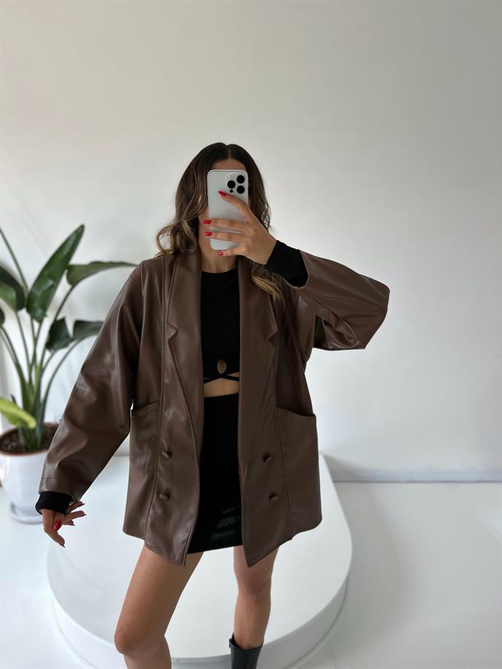 Le Kahverengi Oversize Deri Ceket 