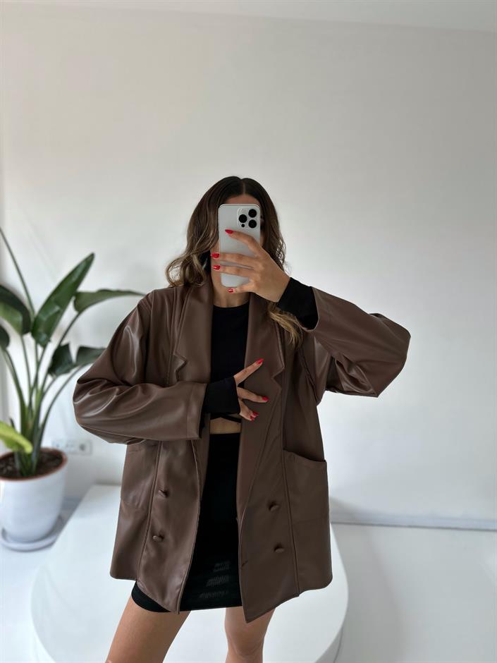 Le Kahverengi Oversize Deri Ceket 