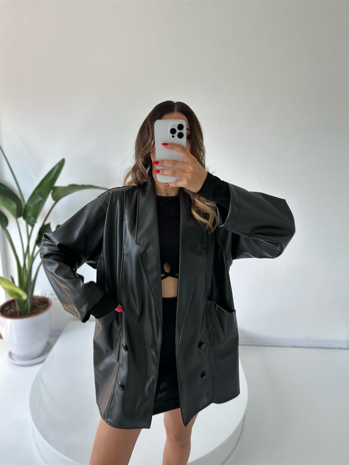 Le Siyah  Oversize Deri Ceket