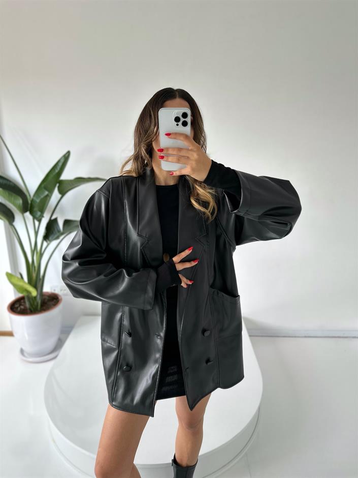 Le Siyah  Oversize Deri Ceket