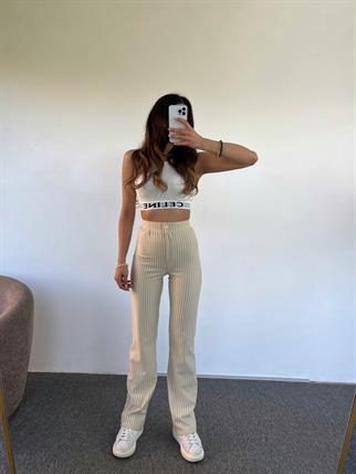 Lena Örme Çizgili Bej Pantolon 