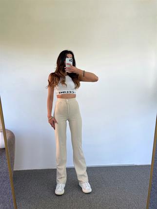 Lena Örme Çizgili Bej Pantolon 