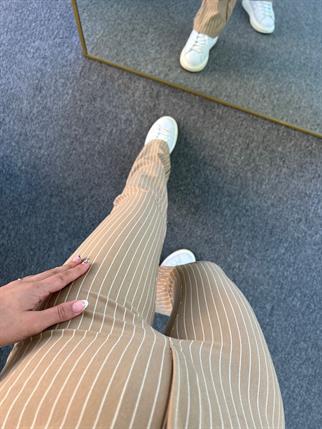 Lena Örme Çizgili Nude Pantolon 
