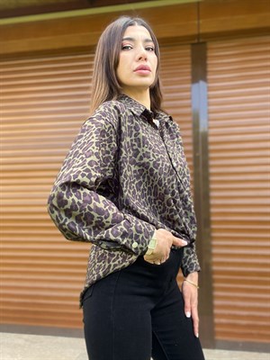 Leopar Desenli Bağlama Detaylı Saten Gömlek