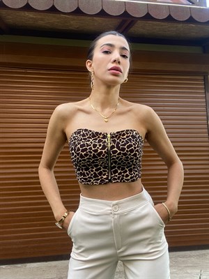 Leoparlı Straplez Crop