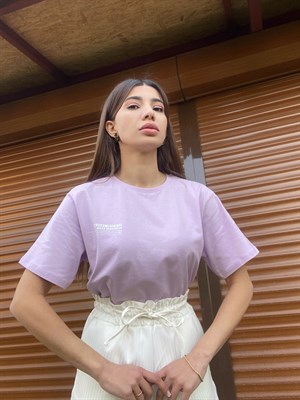 Lila Yazı Baskılı T-Shirt