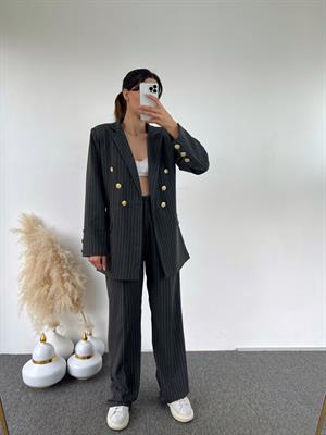Lily Gri Çizgili Gold Düğmeli Blazer İkili Takım 