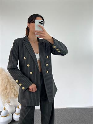 Lily Gri Çizgili Gold Düğmeli Blazer İkili Takım 