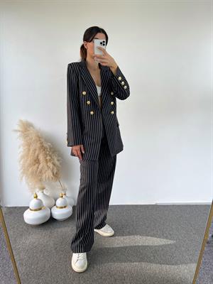 Lily Siyah Çizgili Gold Düğmeli Blazer İkili Takım 
