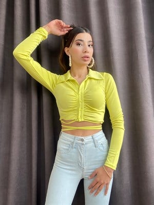 Limon Sarısı İp Detaylı Drapeli Bluz 