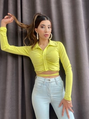 Limon Sarısı İp Detaylı Drapeli Bluz 