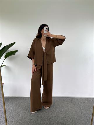 Lina Kahverengi Keten Önden Bağlamalı İkili Takım