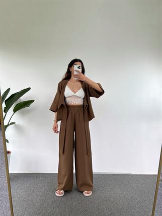 Lina Kahverengi Keten Önden Bağlamalı İkili Takım