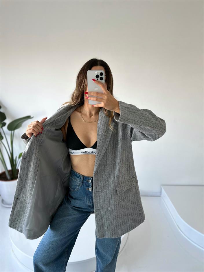 Liv Açık Gri Çizgili Kaşe Premium Oversize Blazer Ceket
