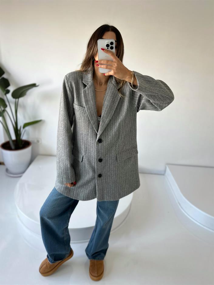 Liv Açık Gri Çizgili Kaşe Premium Oversize Blazer Ceket