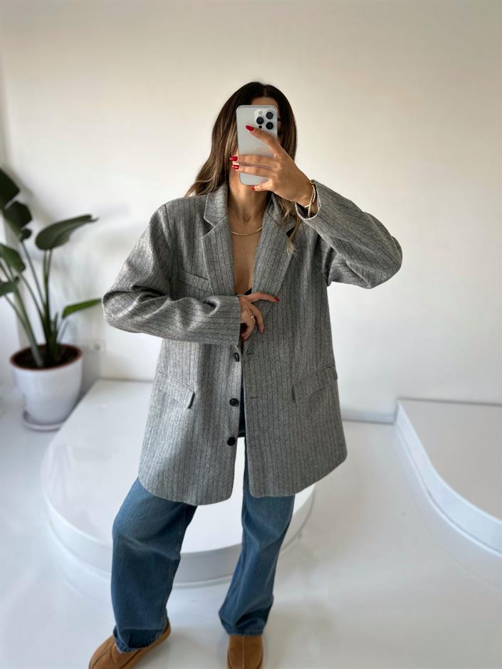 Liv Açık Gri Çizgili Kaşe Premium Oversize Blazer Ceket