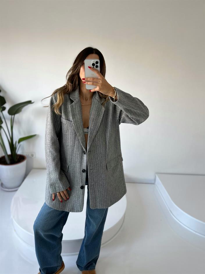 Liv Açık Gri Çizgili Kaşe Premium Oversize Blazer Ceket