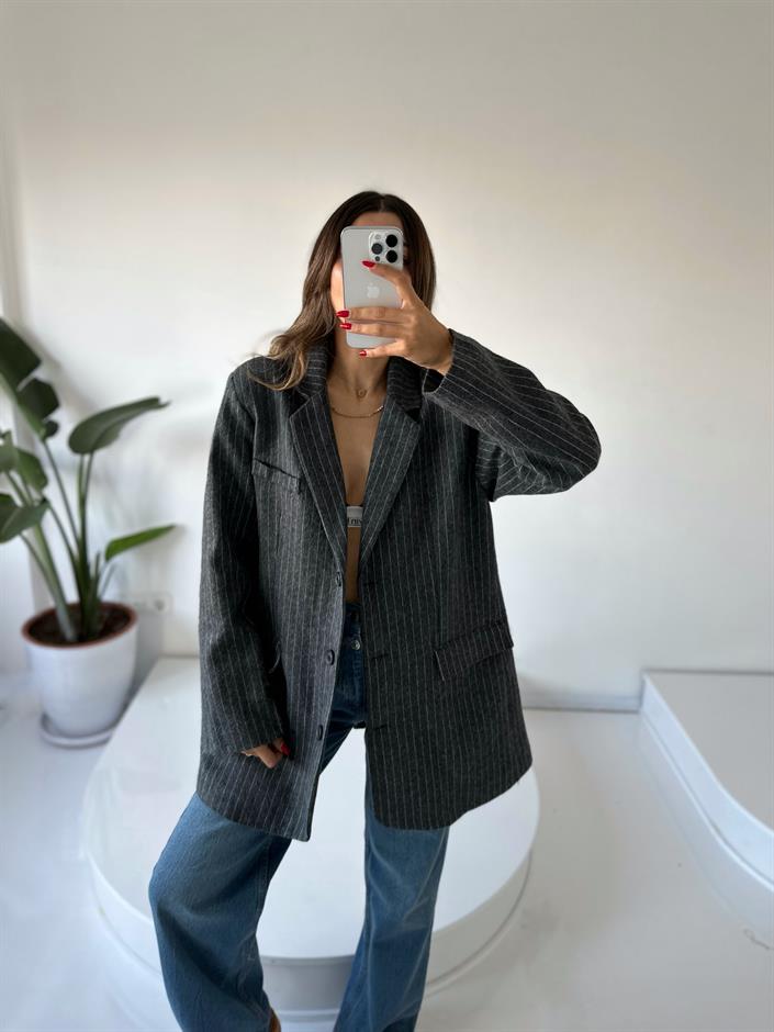 Liv Gri Çizgili Kaşe Premium Oversize Blazer Ceket