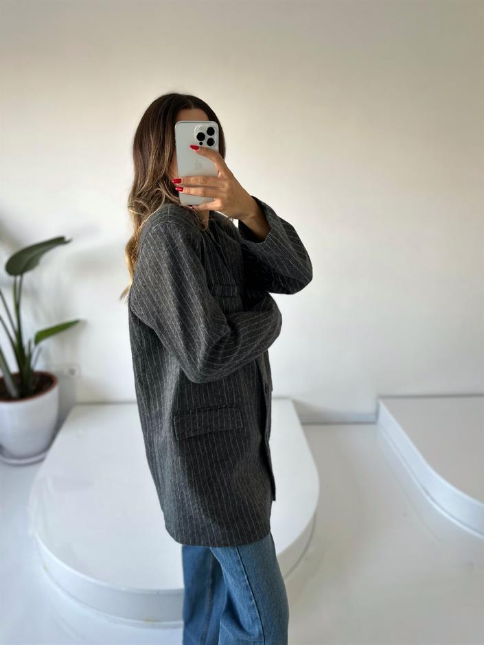 Liv Gri Çizgili Kaşe Premium Oversize Blazer Ceket