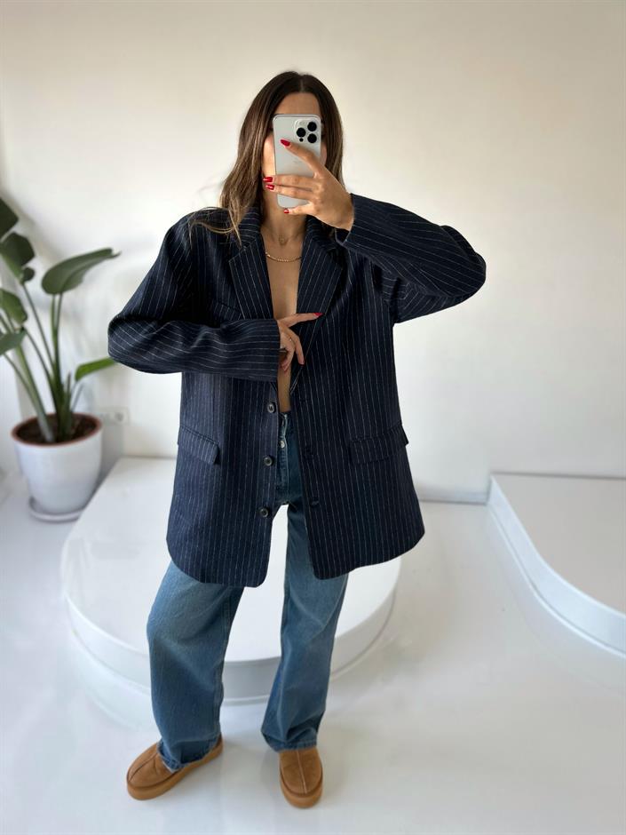 Liv Lacivert Çizgili Kaşe Premium Oversize Blazer Ceket