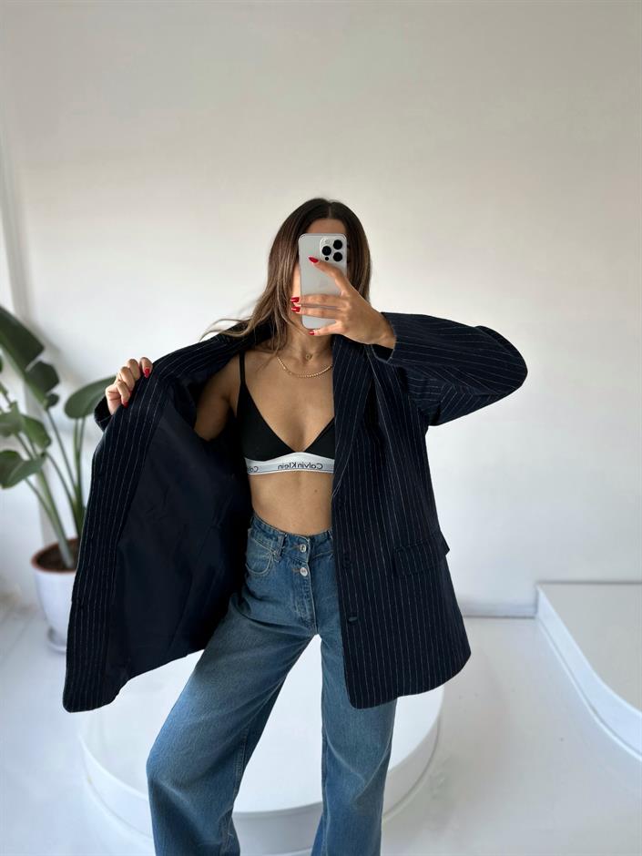 Liv Lacivert Çizgili Kaşe Premium Oversize Blazer Ceket